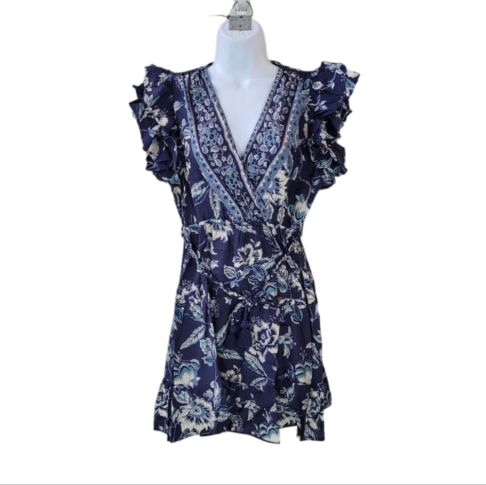 ANGIE Navy Floral Ruffle Sleeve V-Neck Tie Waist Dress Size‎ M